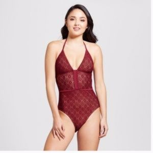 Mossimo Burgundy Lace Halter One Piece Swim Suit, M